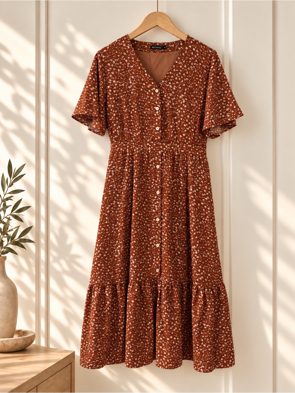 MikaRose Brown Floral Button-Front Midi Dress